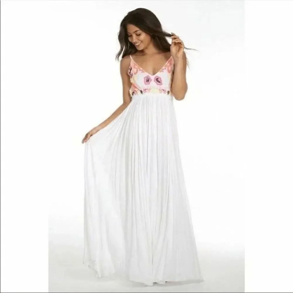 Raga White Pink Embroidered Sleeveless Backless Maxi Dress Size Large